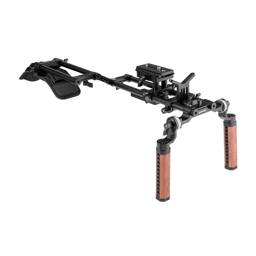 CAMVATE Pro Shoulder Mount Rig With Manfrotto Baseplate & Dual Rosette Wood Handgrip & Lens Support For DV Camcorder